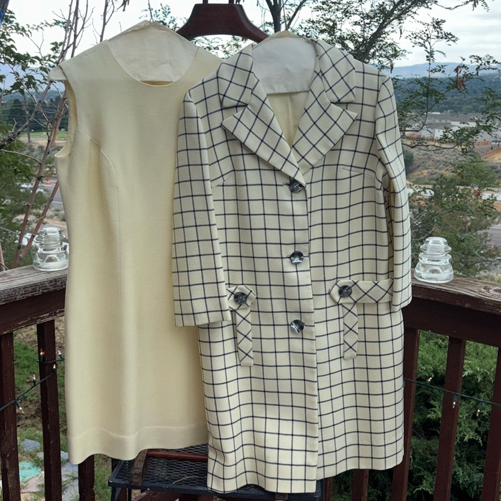 VINTAGE 60s/70s virgin wool plaid cream and black blazer and dress set. Cream co